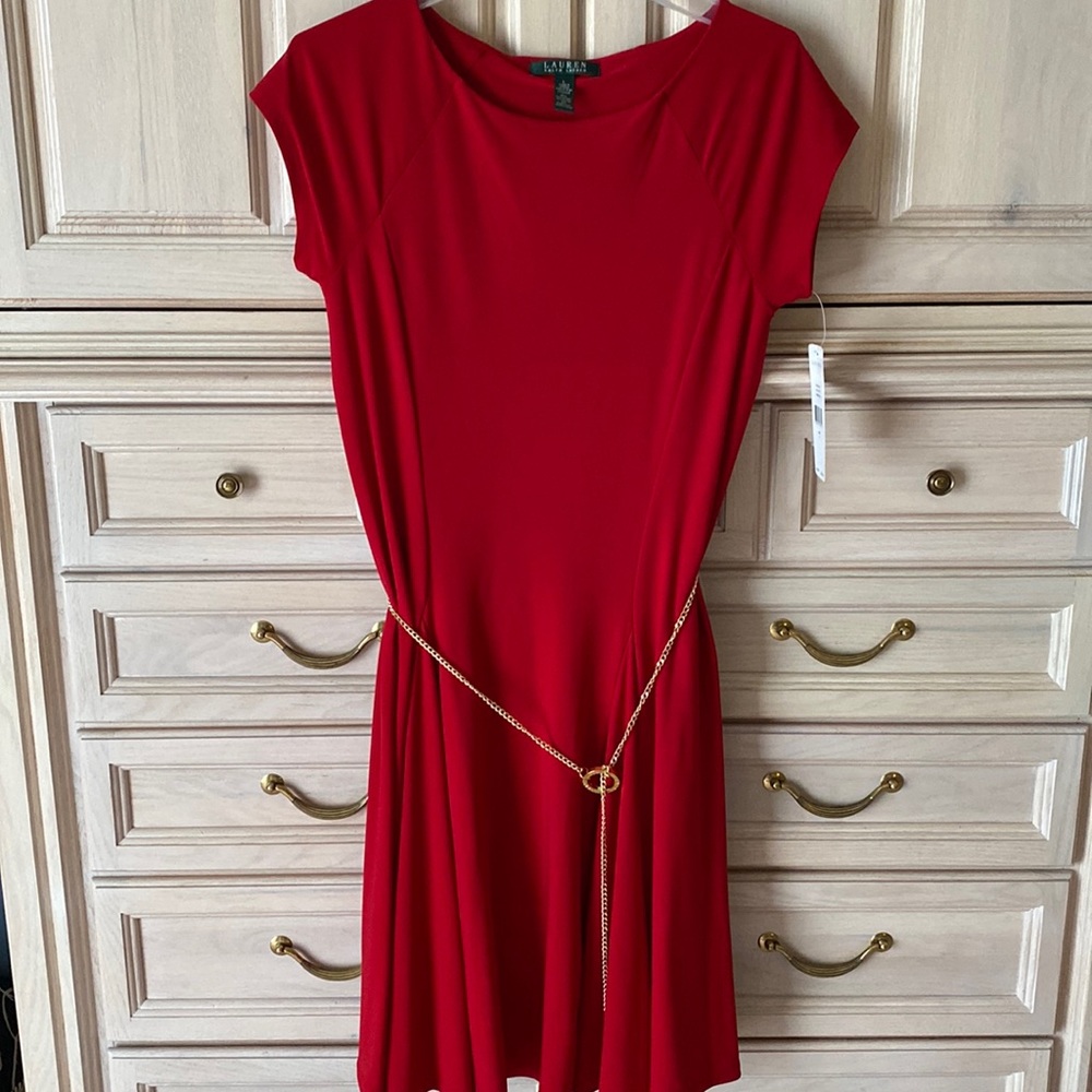 Lauren Ralph Lauren Red Short Sleeve Jersey Dress with Chain Belt